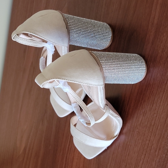 💙2xHP💙 Cathy Din Yamka-9 Nude Open-Toe Rhinestone Block Heels 10 - Picture 7 of 16